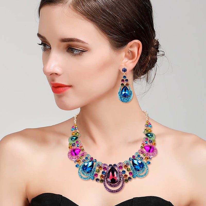 BriLove Costume Fashion Jewelry Set for Women Crystal Teardrop Hollow Scroll Statement Necklace Dangle Earrings Multicolor Colorful Gold-Toned - Image 2
